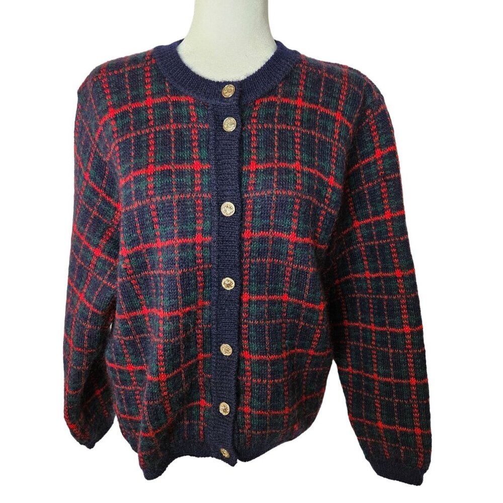 Plaid Button-Front Women's Mohair Cardigan Sweater - Navy & Red